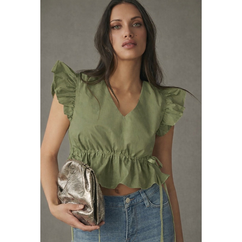 En Saison Sage Green Ruffle Shoulder Drawstring Waist Top 1EC2877T XS New